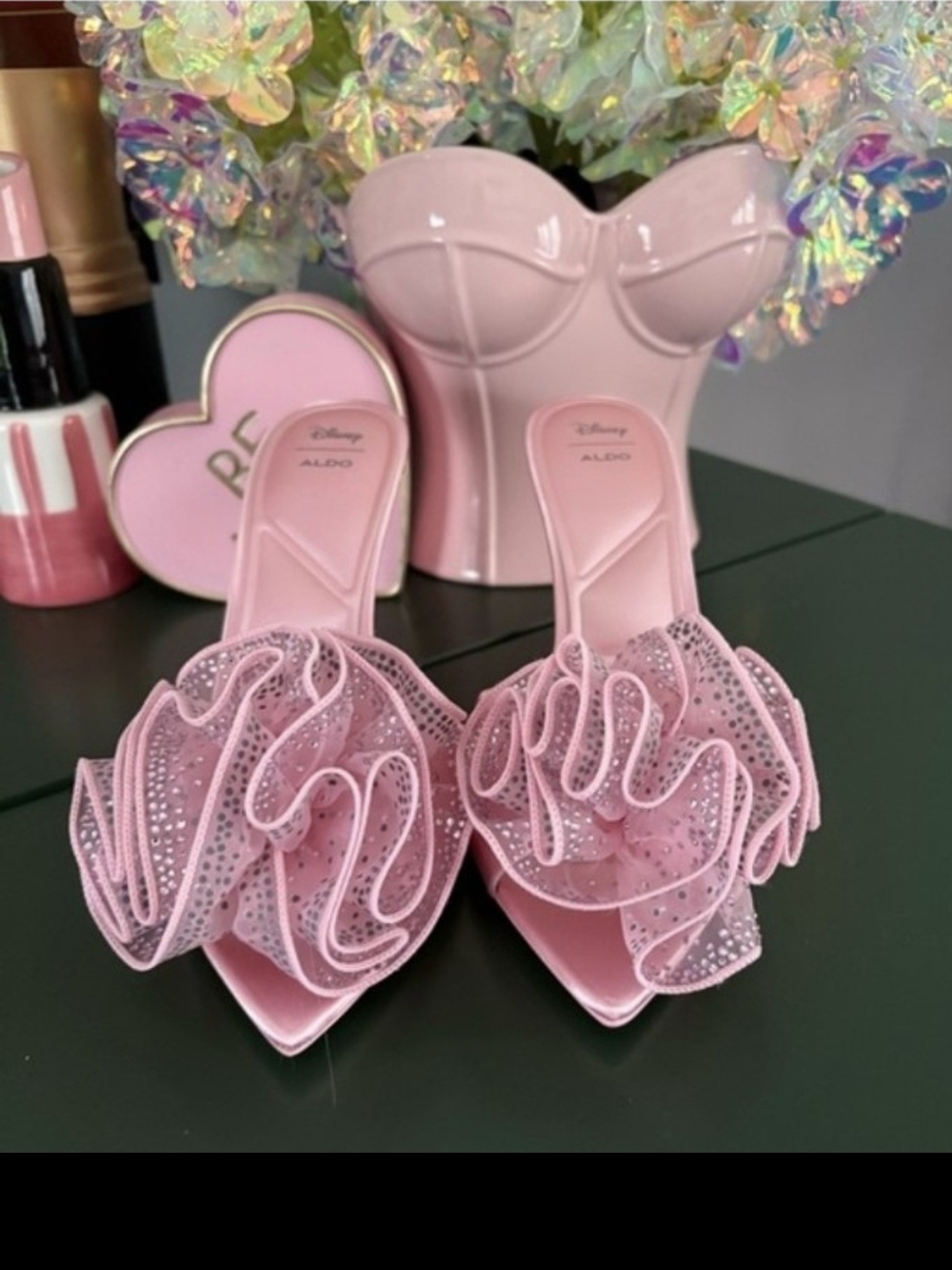 Aldo Pink Ruffle Slide Mules with Sparkle Sz10